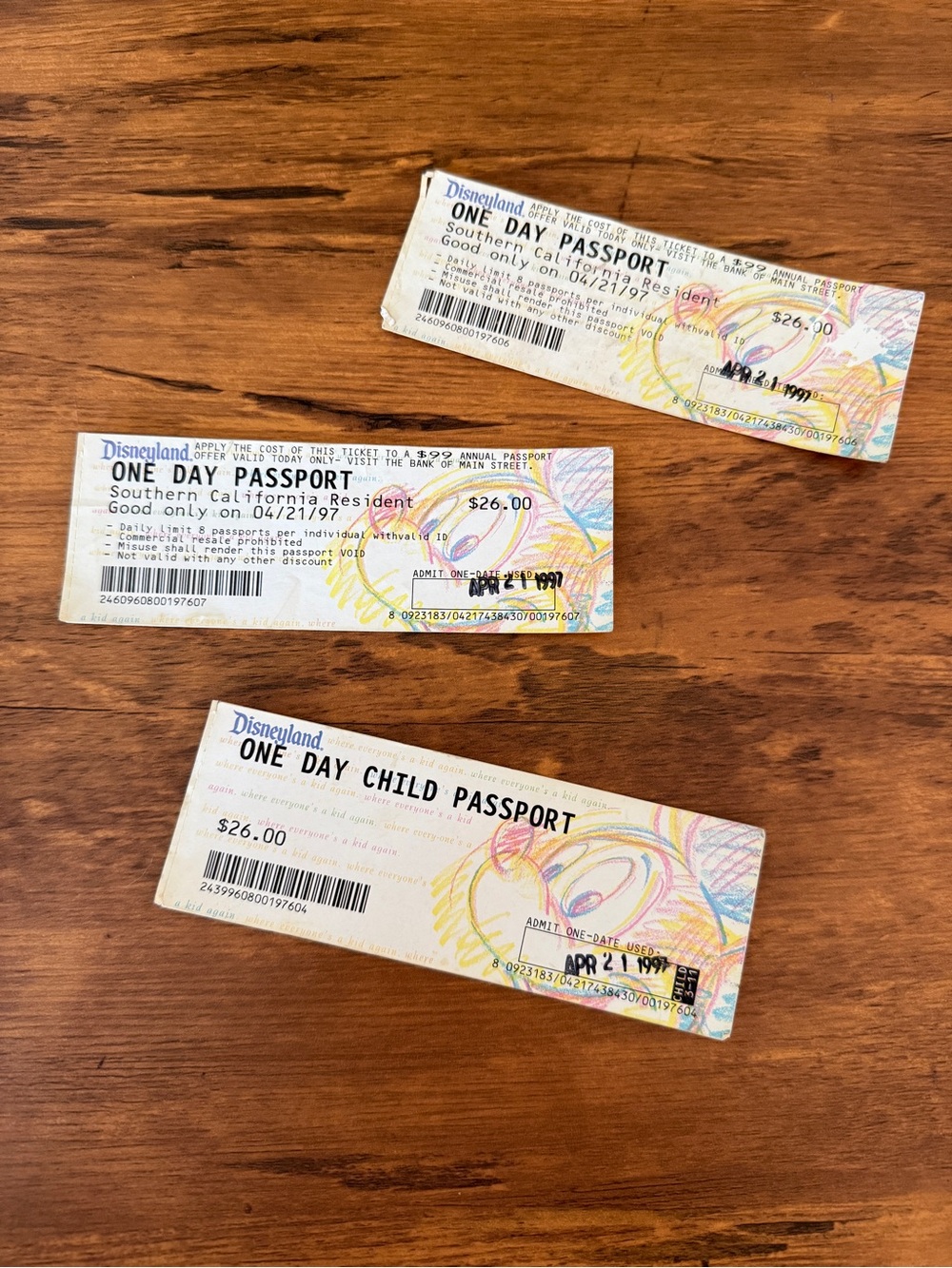 Disney One Day Passport Tickets - White with Pastel Accents vintage 1997